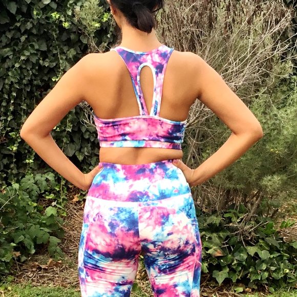 Activewear Set Leggings & Cropped Top Tank Tie Dye High Waist Athletic Pink M - Picture 7 of 7